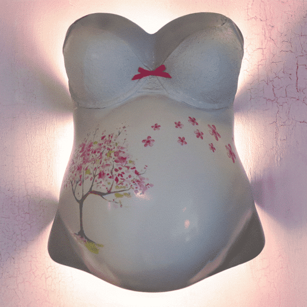 Gipsabdruck Babybauch in den Farben rosa und grau mit Motivfolie "Happy Tree" Baum mit Kirschblüten