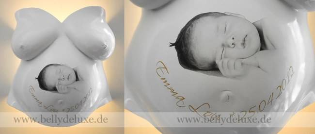 Babybauch Gipsabdruck Porzellanglanz mit Foto Motivfolie