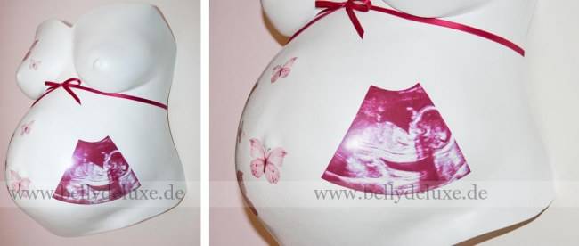 Babybauch Gipsabdruck mit Ultraschallbild in pink