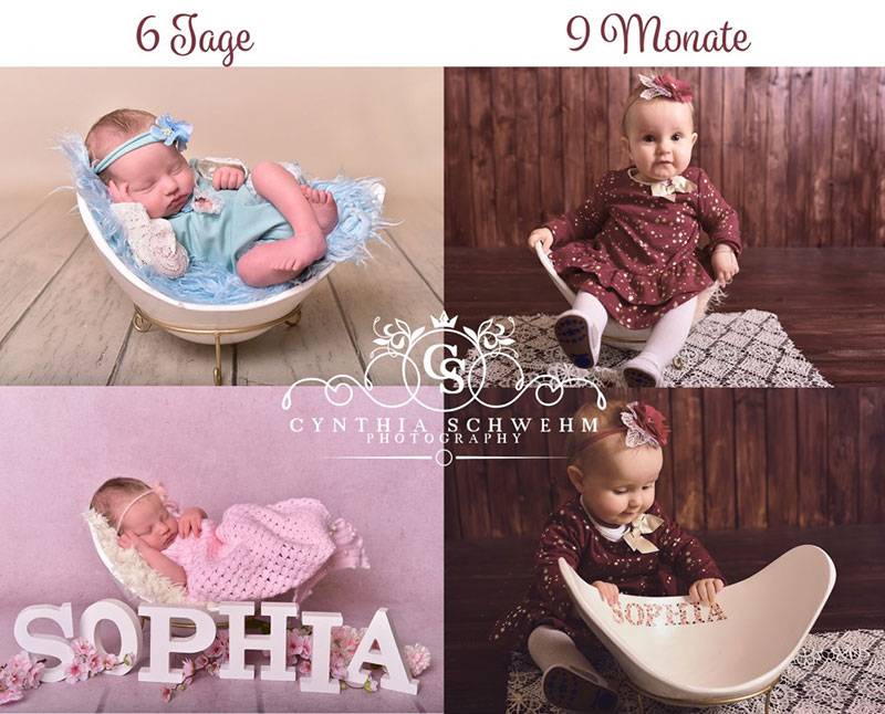 Vier Bilder in einem. Zwei mit einem Baby in der Babyschale und zwei zeigen ein etwas größeres Kind mit der Belly Bowl unten links steht Sophia in der Belly Bowl.