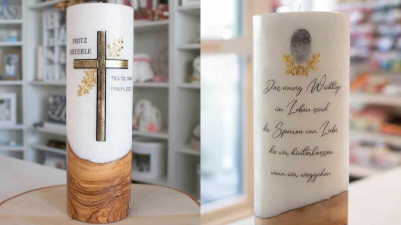 Holz Trauerkerze mit Kreuz in Gold