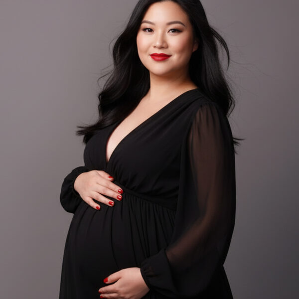 Mini-Shooting Karlsruhe: Schwangere Frau im Studio vor grauem Hintergrund, schwarzhaarig, im schwarzen Chiffonkleid mit V-Ausschnitt, rotem Lippenstift und roten Fingernägeln; eine Hand liegt am Babybauch, die andere darunter.
