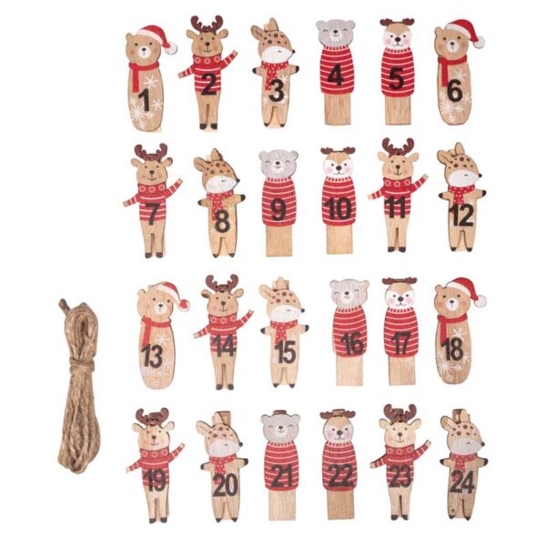 Adventskalenderzahlen auf Klammern mit niedlichen Tiermotiven