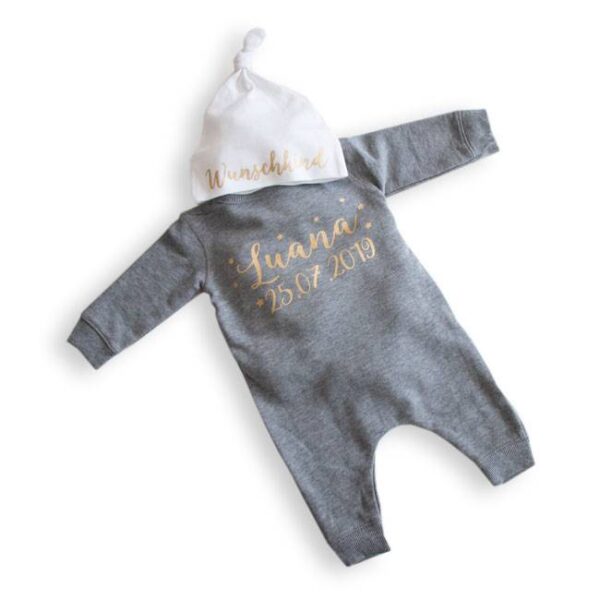 Babystrampler langaermlig mit Druck Wunschkind und Name