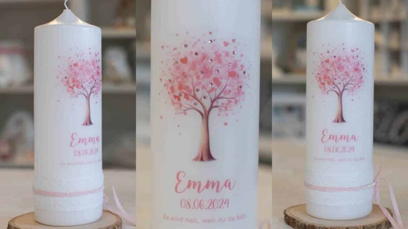 Taufkerze mit rosa Baum, Name und Spruch