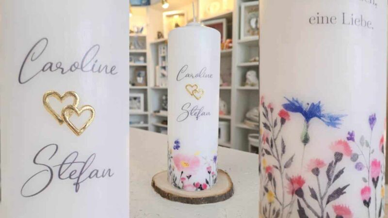 Hochzeitskerze mit Namen und Wiesenblumenmotiv in Karlsruhe machen lassen