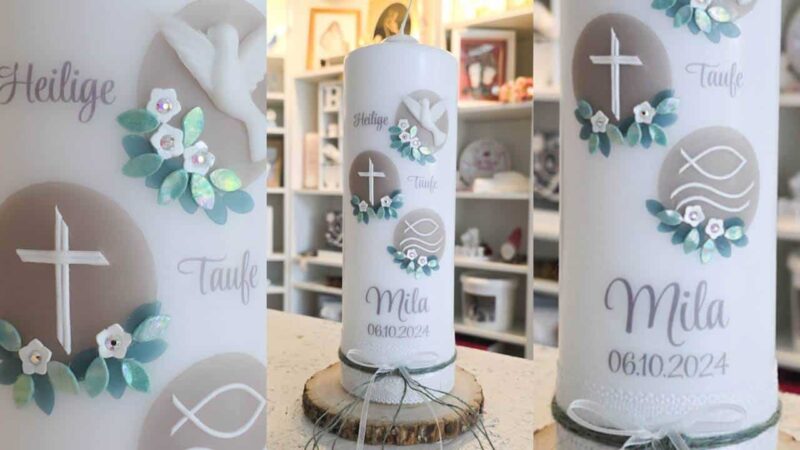 Elegante Taufkerze in grau-grün für ein Mädchen