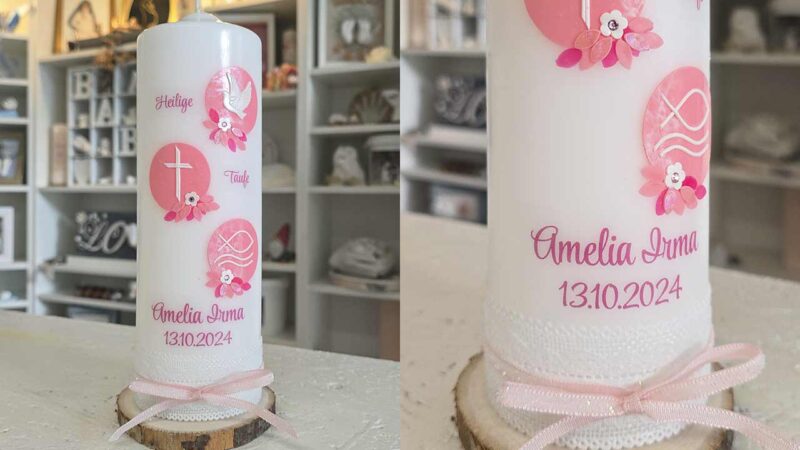 Personalisierte Taufkerze in rosa für Amelia