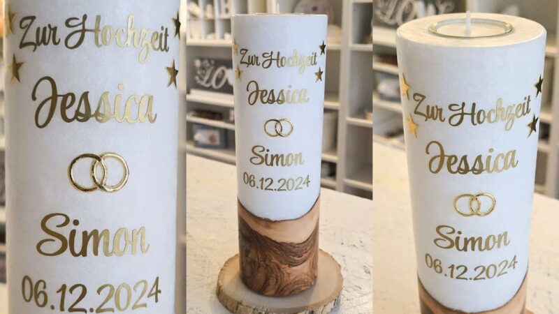 Besondere Hochzeitskerze mit goldener Schrift und echtem Holz