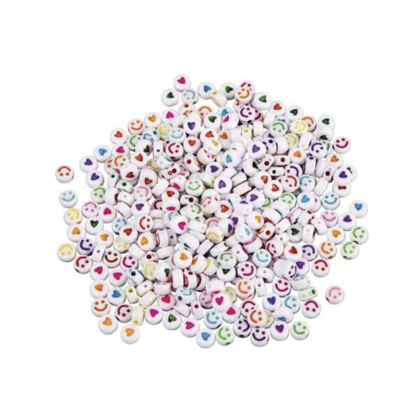 Bunte, runde Plastik-Perlen mit lachenden Gesichtern und Herzen in verschiedenen Farben. Perfekt geeignet für Schmuck, Bastelprojekte und Kinder-Workshops.