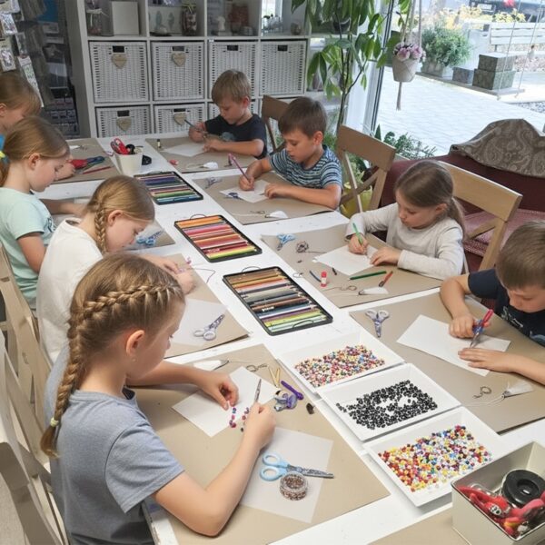 Kreativer Kindergeburtstag - Kinder sitzen im Atelier Stolzenburg in Karlsruhe am Basteltisch