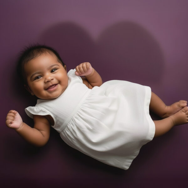 Lächelndes Baby im weißen Kleid, liegend in einer herzförmigen Vertiefung vor lila Hintergrund, weiches Studiolicht.