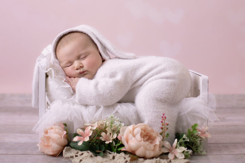 Neugeborenes Baby im Fotostudio liegend auf einem Mini Bett mit Blumendekoration