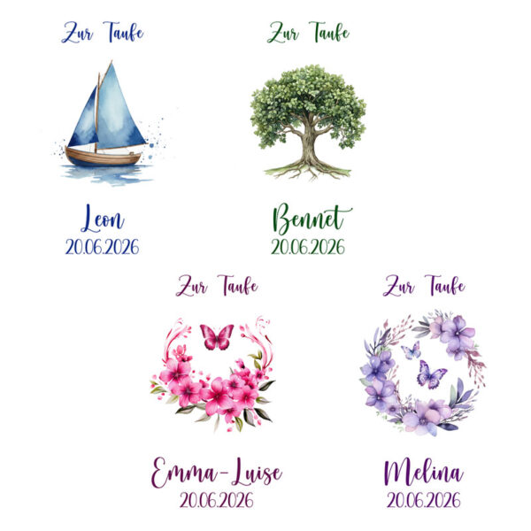 Vorschau der Kerzenfolie „Zur Taufe“ mit vier personalisierbaren Motiven: blaues Segelboot, grüner Baum, pinker Blumenkranz und lila Blumenkranz, jeweils mit Name und Datum.
