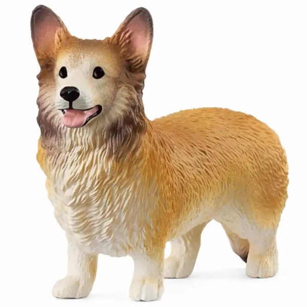 Schleich® Spielfigur Welsh Corgi: stehender Hund in Braun-Weiß mit großen Ohren, schwarzer Nase und leicht geöffnetem Maul, freigestellt vor weißem Hintergrund.